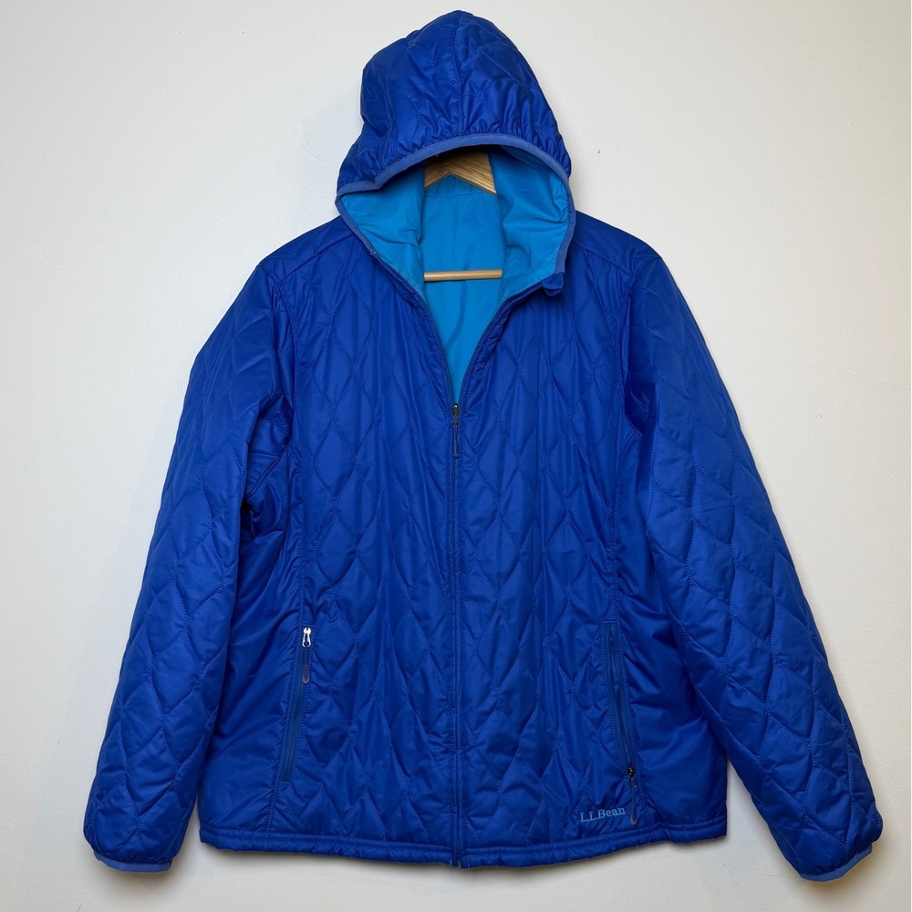LL Bean Womens 2X Reversible PrimaLoft Packaway Jacket Blue Hooded 284436